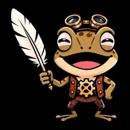 Sprocket the frog, grinning, with a feather quill raised ready to write the headline