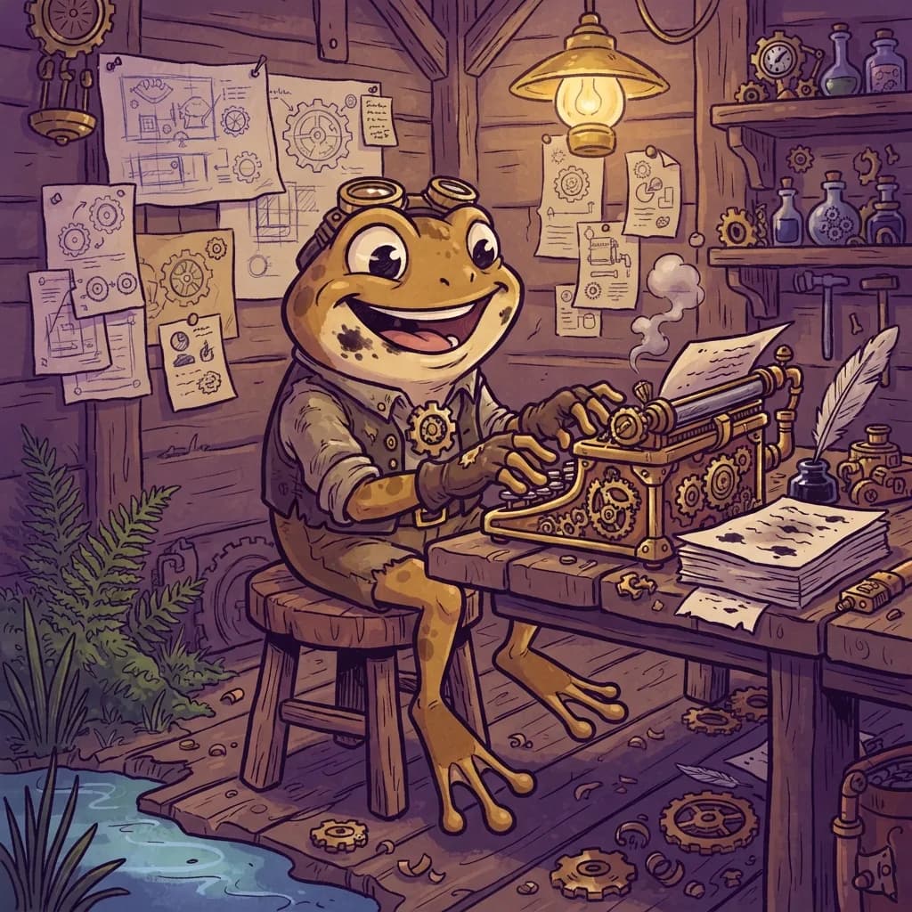 Sprocket the frog, hard at work on the day's edition