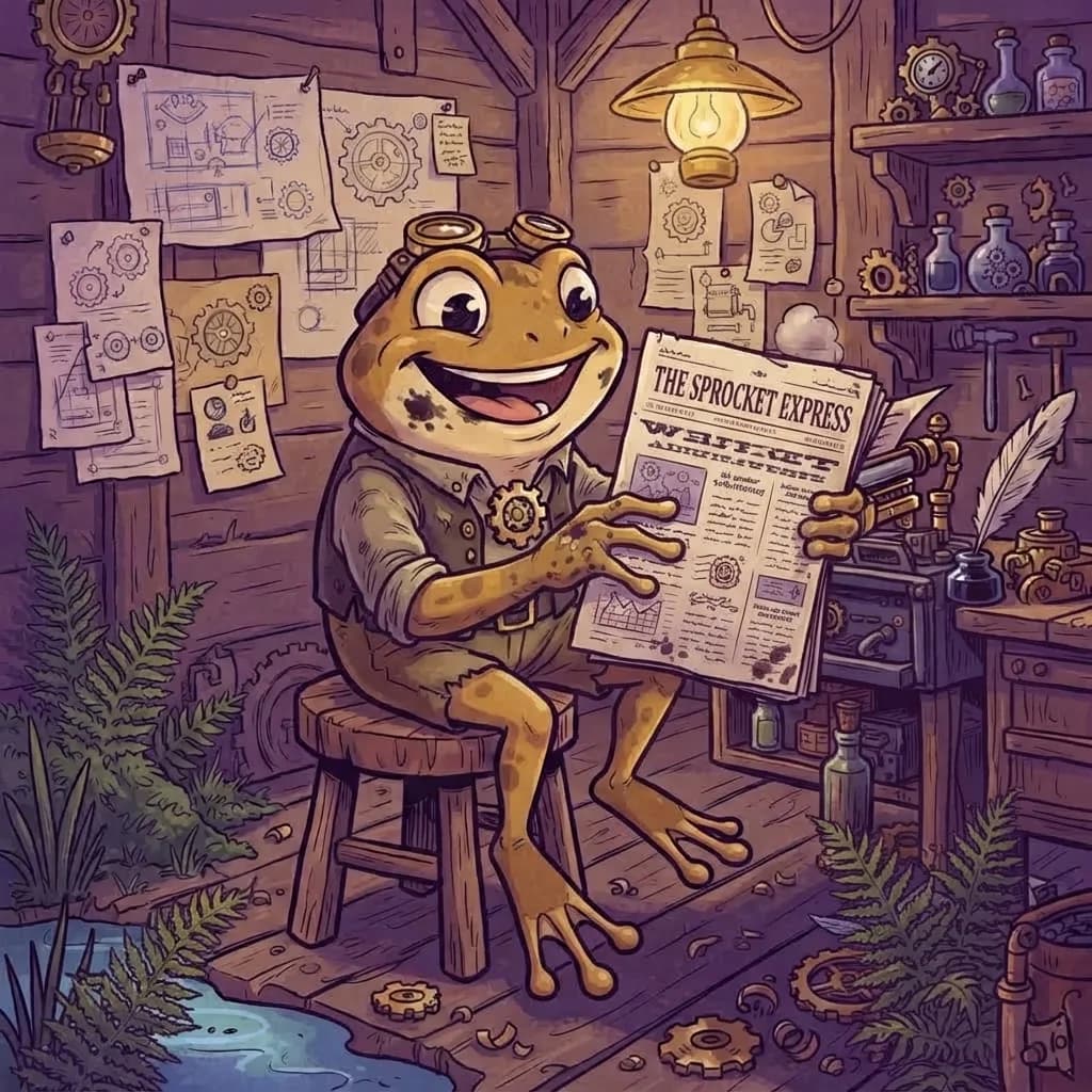 Sprocket the frog, hard at work on the day's edition