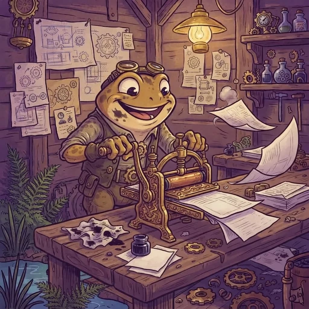 Sprocket the frog, hard at work on the day's edition