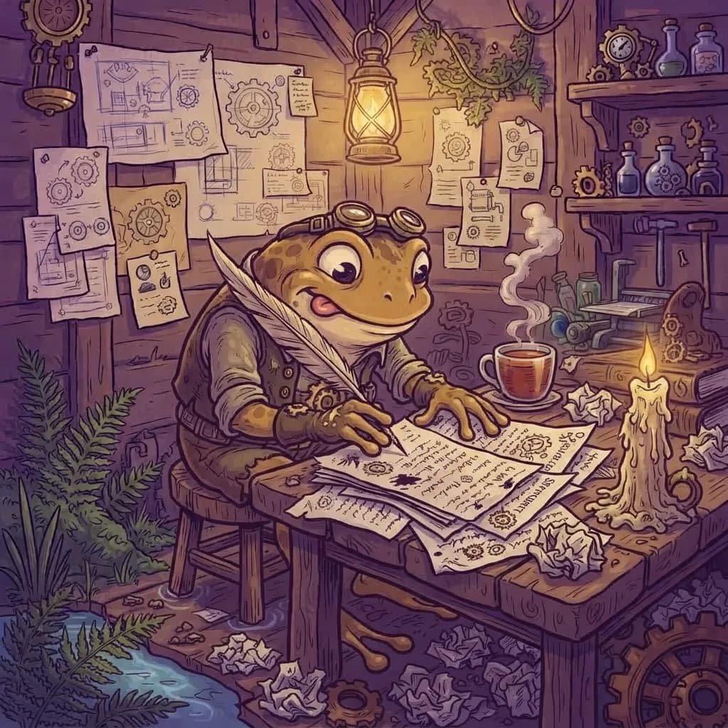 Sprocket the frog, hard at work on the day's edition